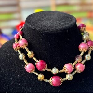 Vintage 1950s Double-Strand Pink & Gold Foil Beaded Necklace Mid-Century Glamour